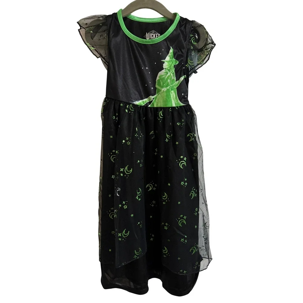 Wicked Movie Elphaba Girls Dress Size 4 Black Green Witch Costum Tulle Star Moon